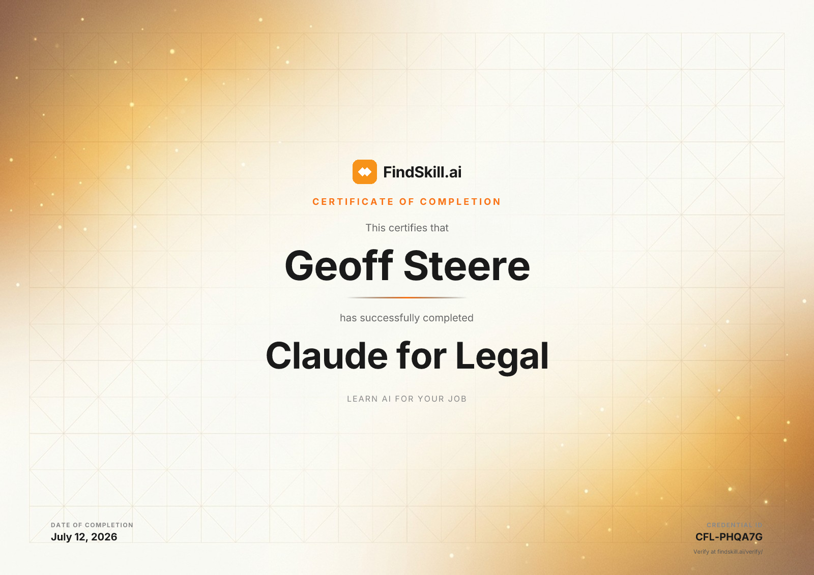 FindSkill.ai certified Geoff Steere completed Claude for Legal on July 12, 2026