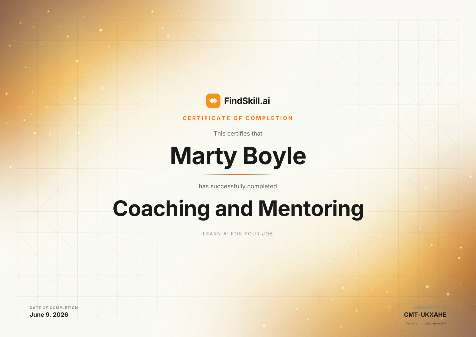 FindSkill.ai certified Marty Boyle completed Coaching and Mentoring on June 9, 2026
