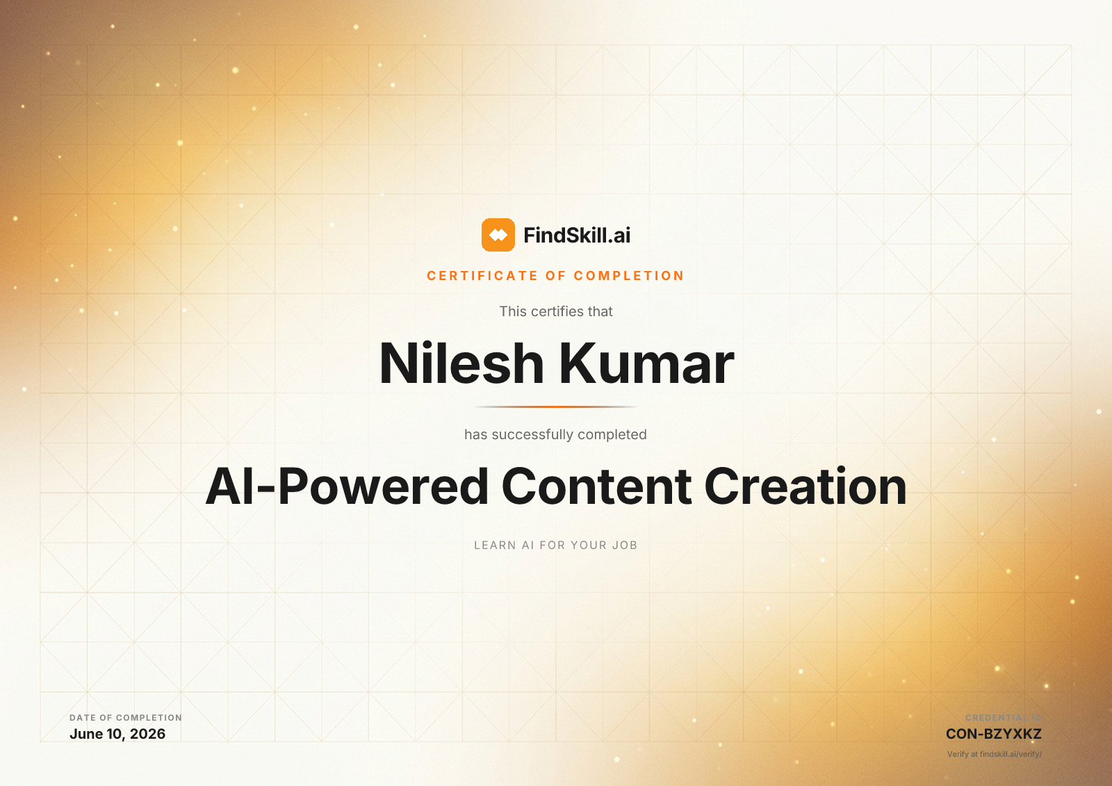 FindSkill.ai certified Nilesh Kumar completed AI-Powered Content Creation on June 10, 2026