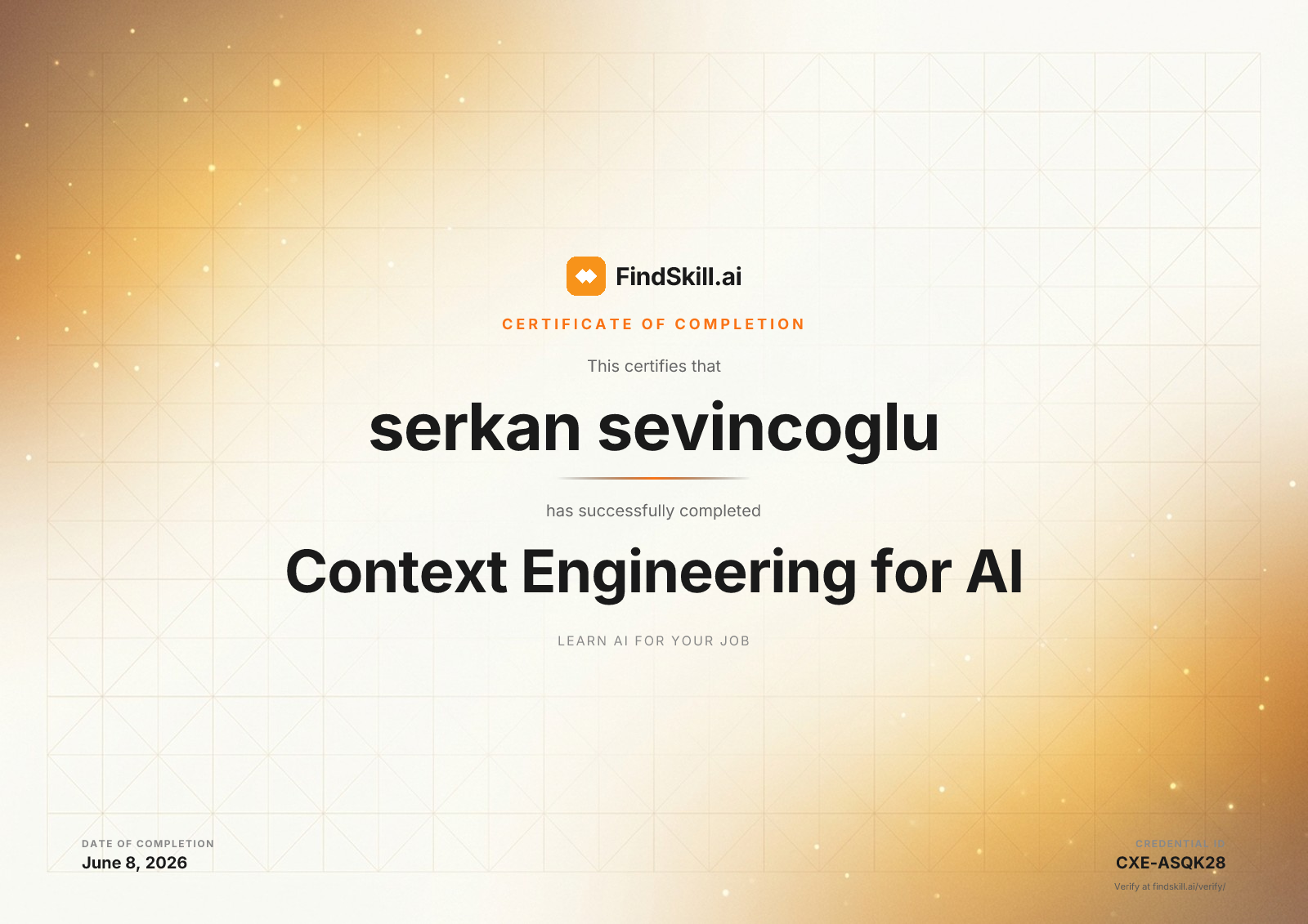 FindSkill.ai certified serkan sevincoglu completed Context Engineering for AI on June 8, 2026