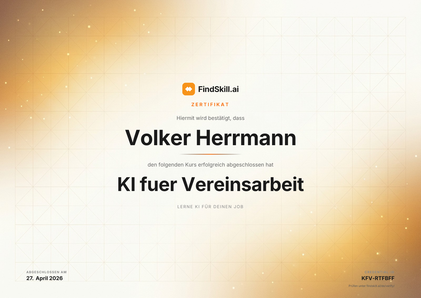 FindSkill.ai zertifiziert: Volker Herrmann hat KI fuer Vereinsarbeit am 27. April 2026 abgeschlossen